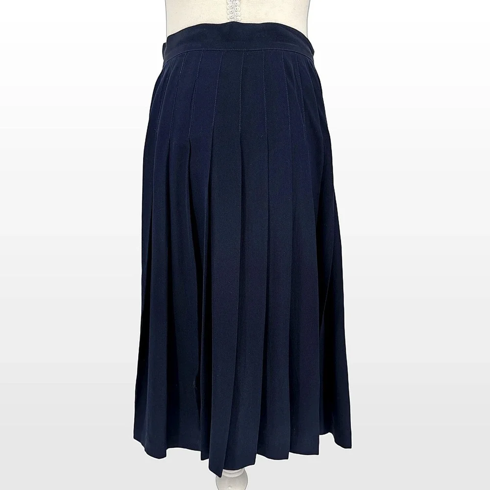 90s Vintage Adrienne‎ Vittadini Pleated Silk Midi Skirt 8 Blue Minimalist Preppy